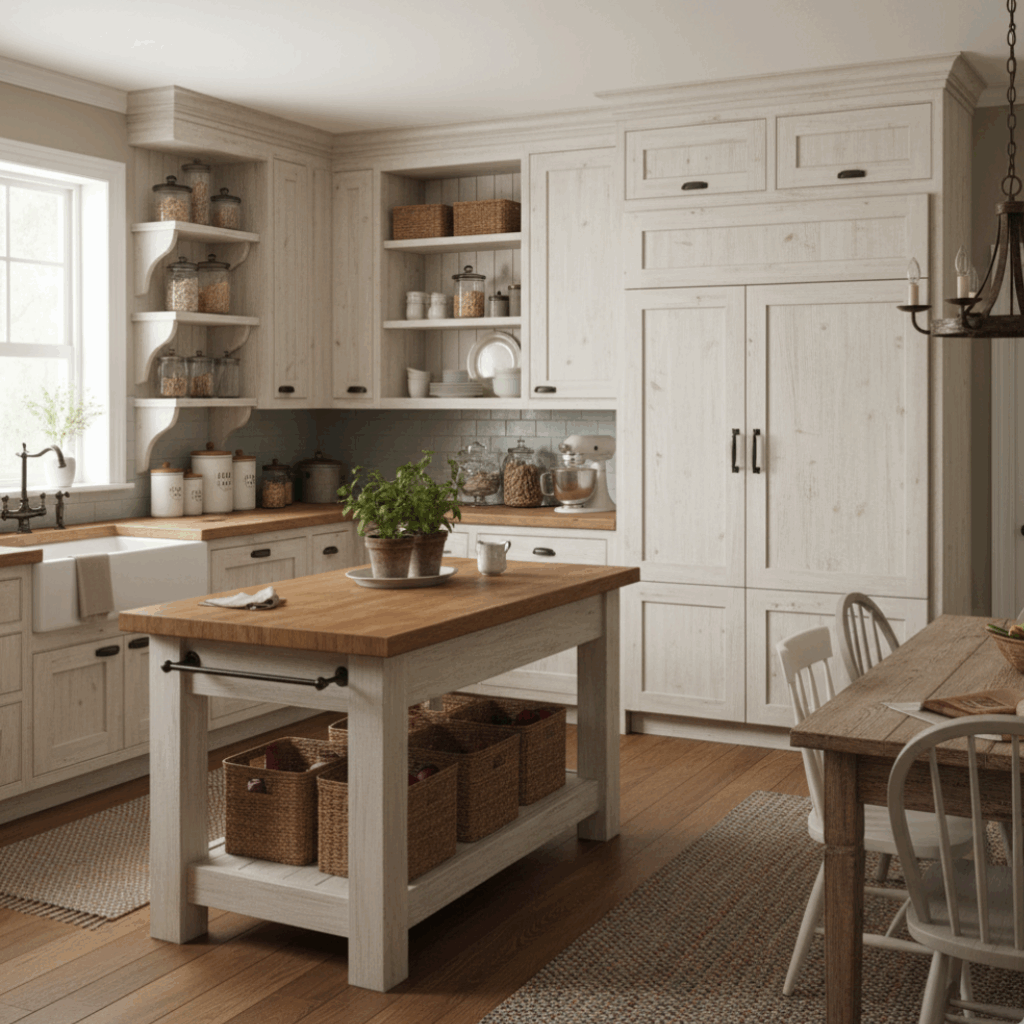 kitchen with an island in the centre, modern , painted white