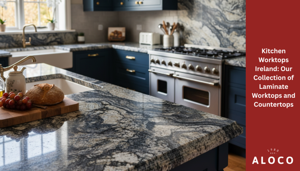 A modern kitchen features rich navy blue cabinetry and polished black, white, and grey granite countertops with prominent, dramatic swirling patterns. In the foreground, a close-up focuses on the granite edge of an island, where a wooden cutting board holds a loaf of bread and a bunch of grapes | Aloco Kitchens