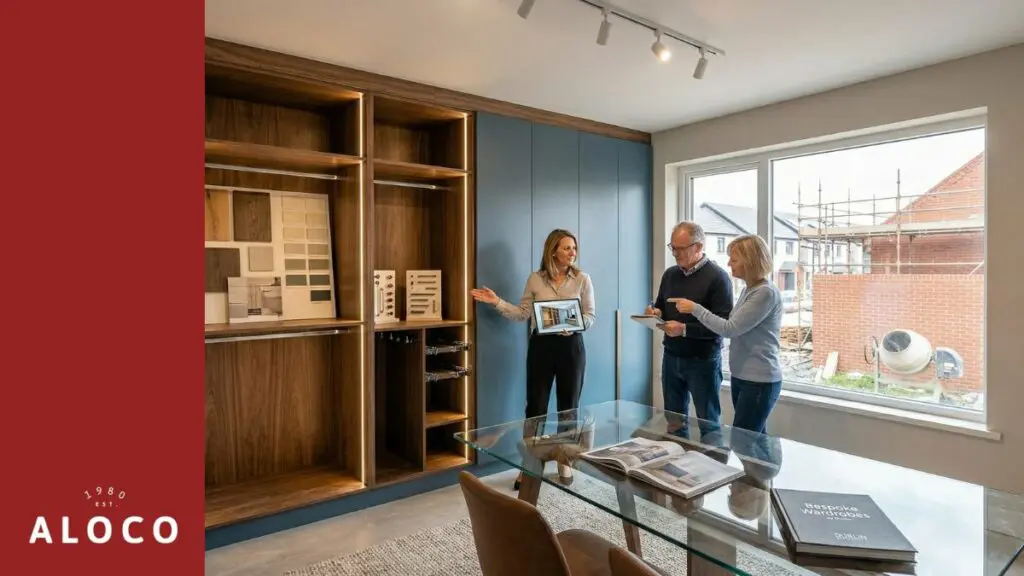 woman showcasing custom wardrobe designs with an elderly couple | aloco