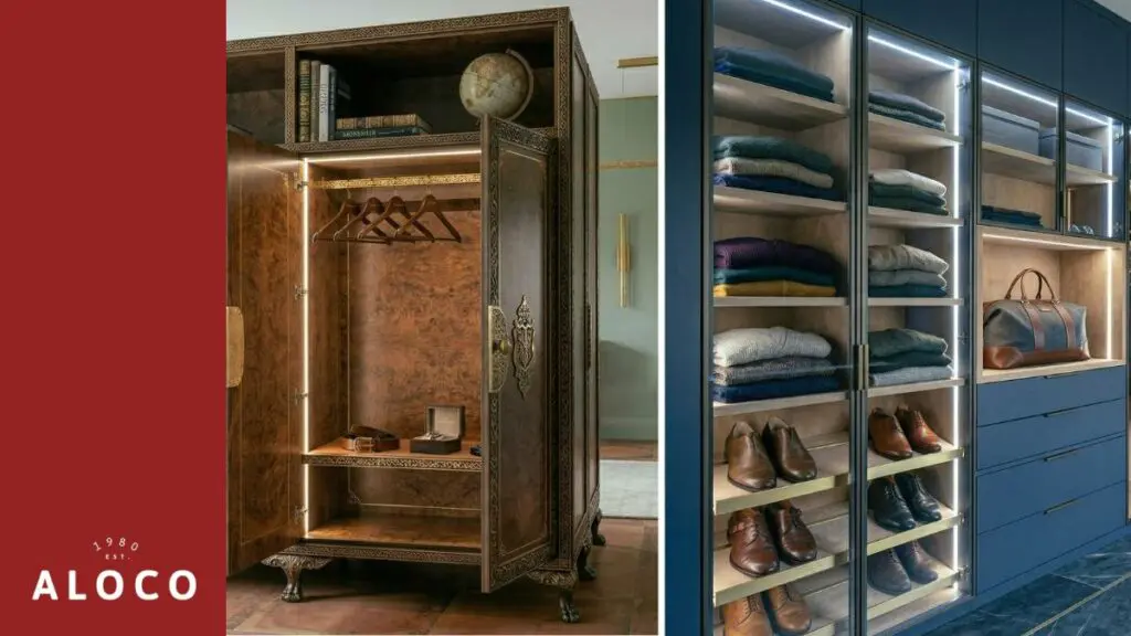 a wooden freestanding wardrobe next to a blue fitted wardrobe | aloco