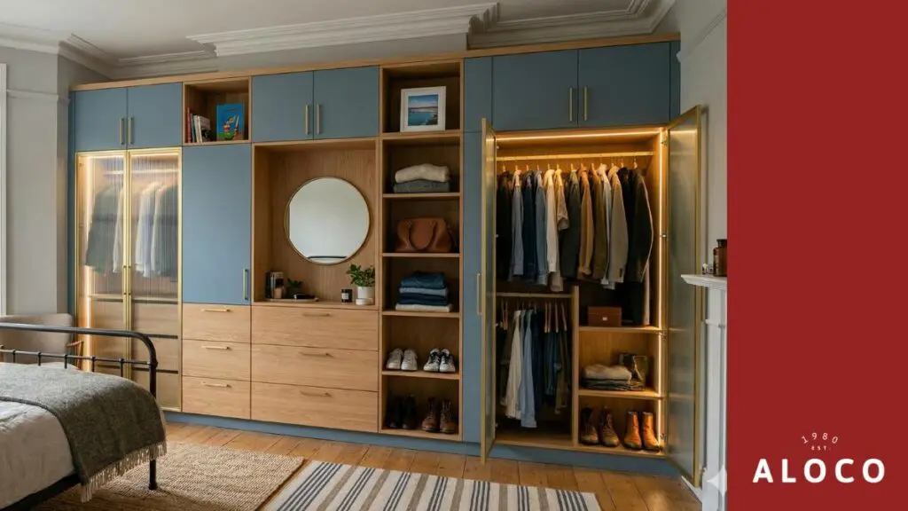 wooden custom fitted wardrobe with blue details | aloco