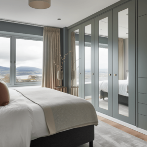 An award winning interior design photo of modern Fitted Wardrobe in a stunning irish bedroom, overlooking an Irish town