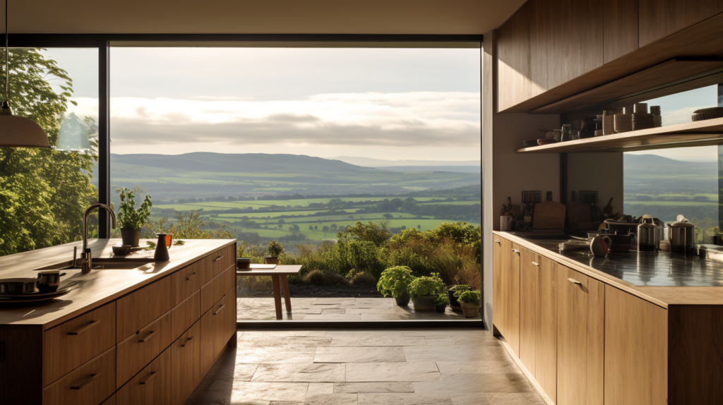 a kitchen with large glass windows showing a fantastic view of ireland