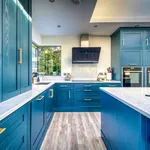 Galley view between blue kitchen island and hob run with angled extractor
