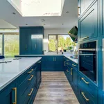 Blue shaker kitchen with brass handles and white quartz island