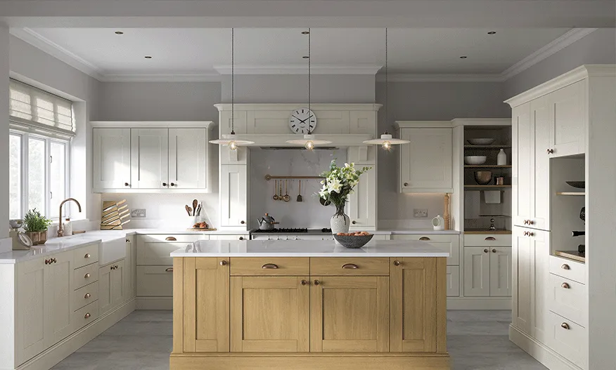 Cream shaker kitchen with oak island, white worktop and pendant lighting