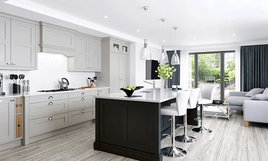 Light grey shaker kitchen with dark charcoal island and glass pendant lights