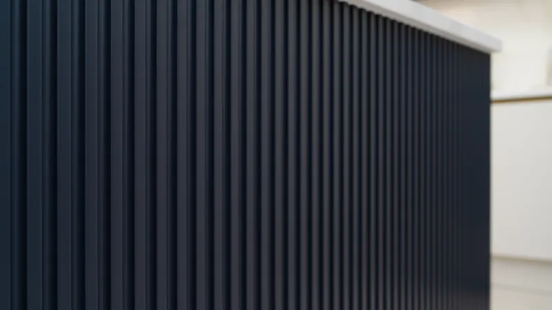 Close-up of navy blue fluted panelling on a kitchen island