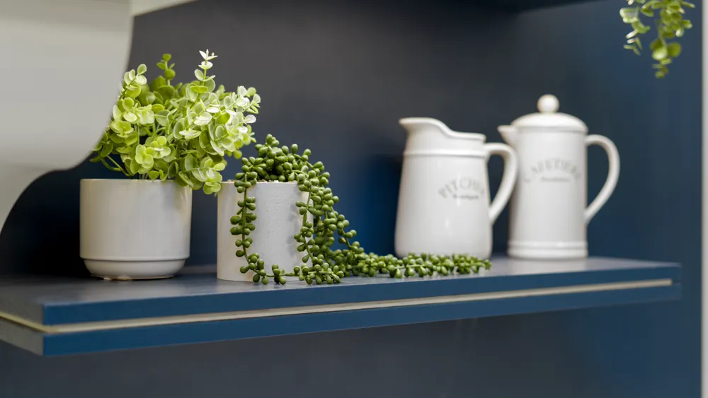 Navy open shelf styled with plants, jug and cafetiere