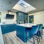 Teal shaker kitchen with island seating beneath a large skylight